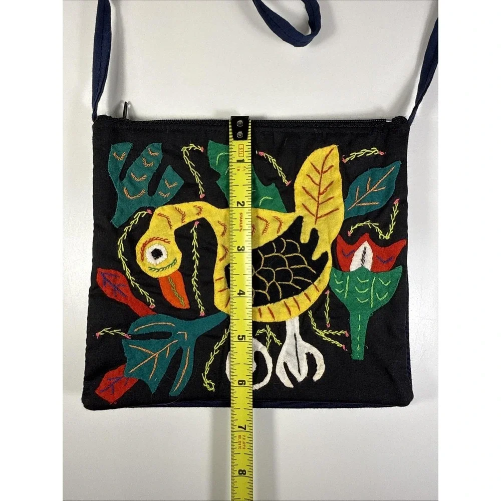 Vintage 1990s Cloth Purse Hand Appliqued Bird Double Pockets Zippered Boho 6.5